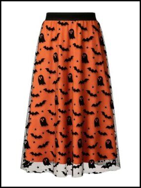 Women's Halloween Tulle Midi Skirt with Flocked Print Witch Costume Skirt